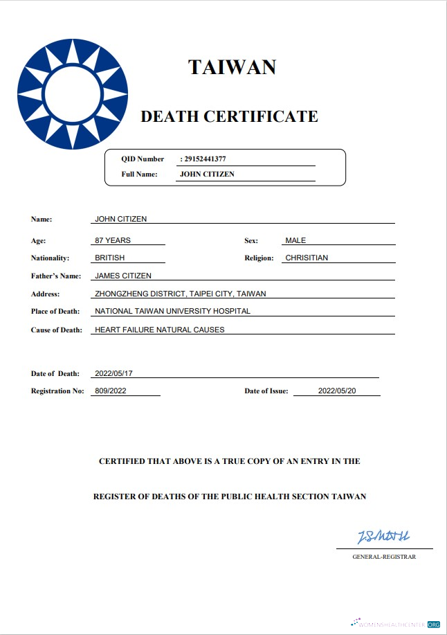 Download Taiwan death certificate Word and PDF template Photoshop template